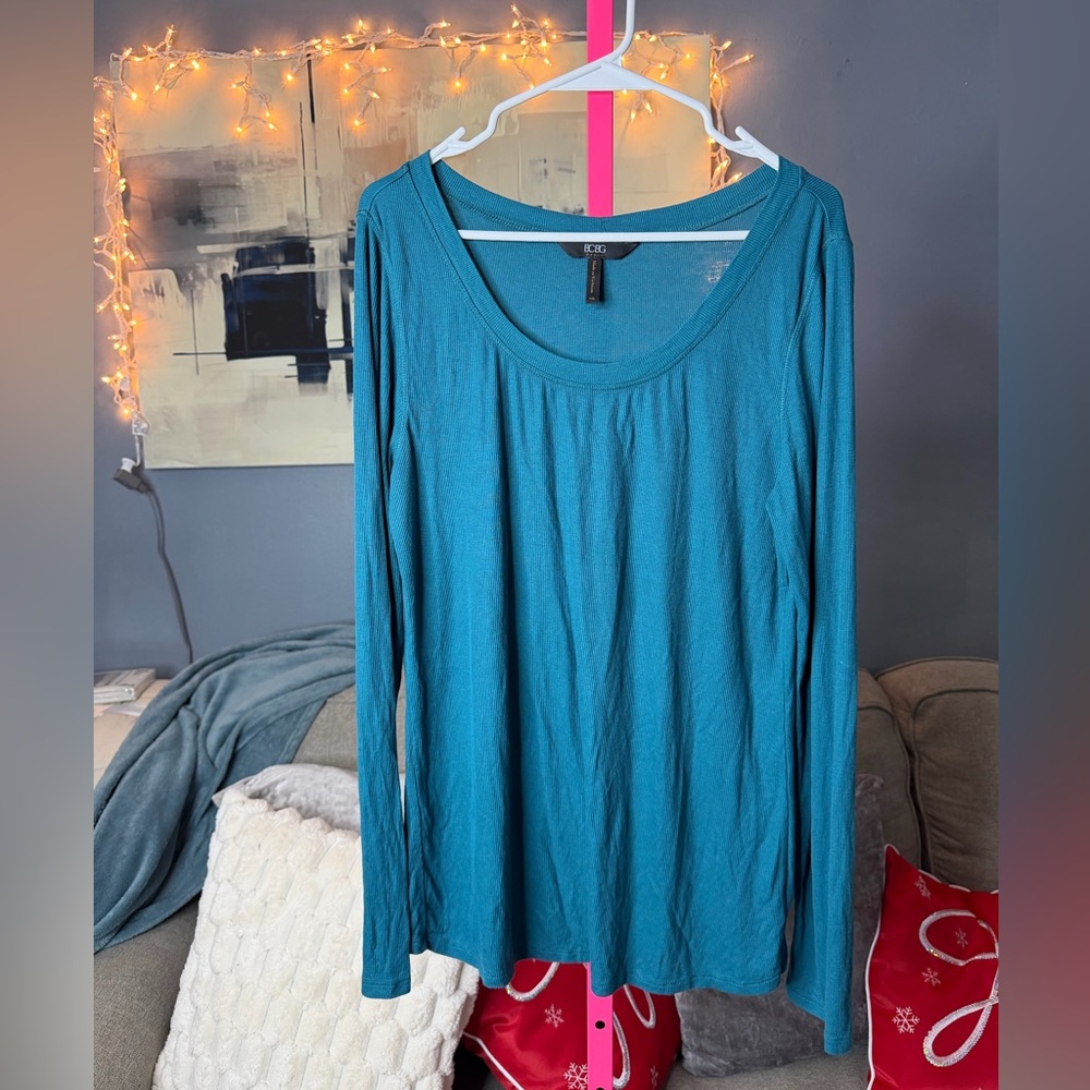 BCBG Paris Tahiti Blue Ribbed Long Sleeve Top Size XXL
